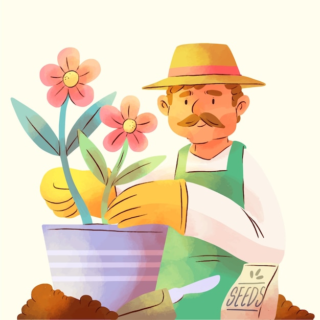 Vector watercolor illustration for earth day celebration with people planting