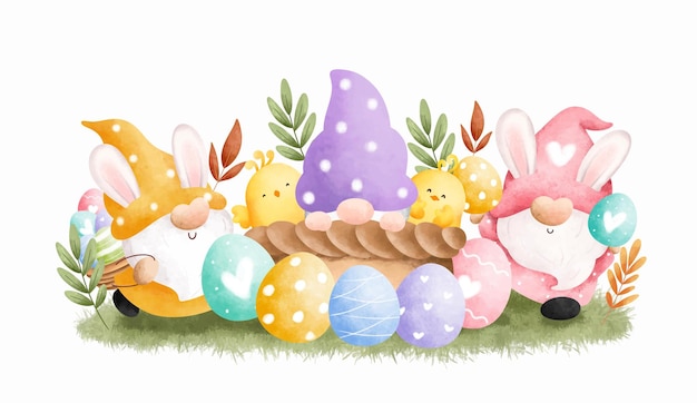 Illustrazione ad acquerello gnomo di pasqua e uovo di pasqua