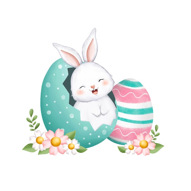 watercolor illustration easter rabbits in egg with flowers