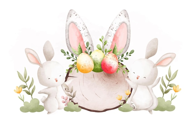 Watercolor Illustration Easter rabbits and wooden board