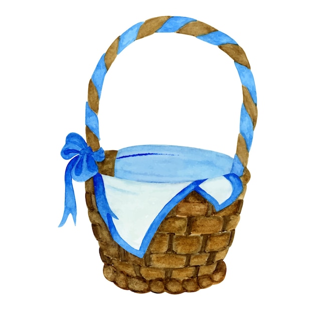 Vector watercolor illustration of an easter wicker basket with eggs.