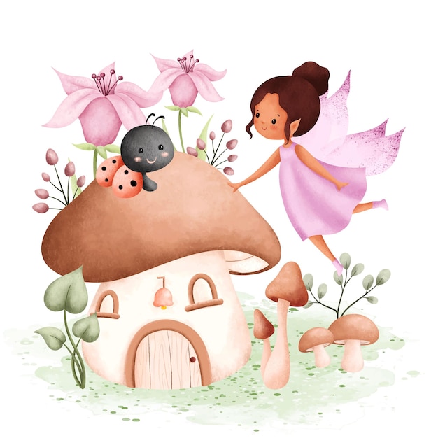 ベクトル 水彩イラスト 妖精の庭とキノコの家