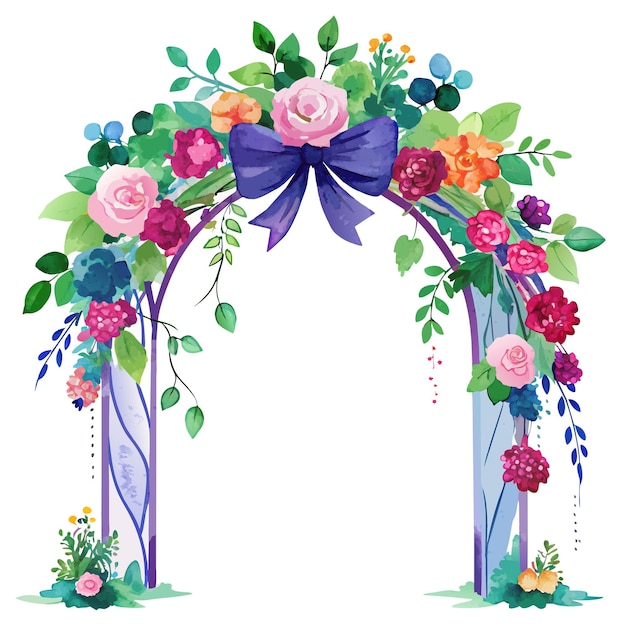 a watercolor illustration of a floral arch with flowers and butterflies