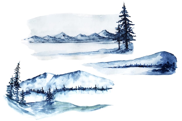 A watercolor illustration of a forest Blue landscape of mountains and forests