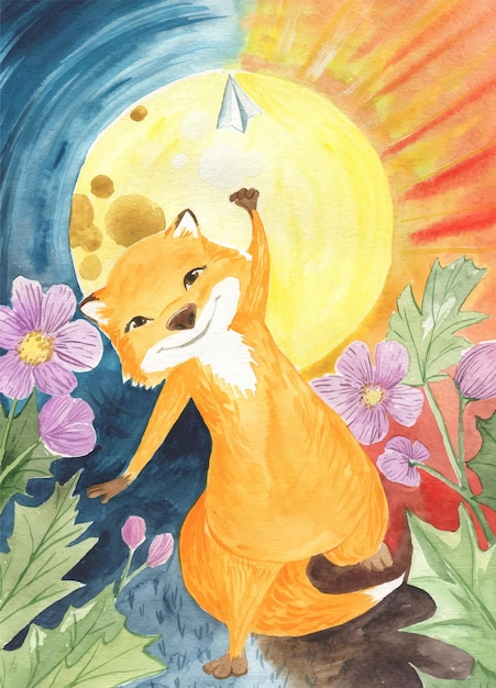 Watercolor illustration of a fox on the background of the moon and the sun