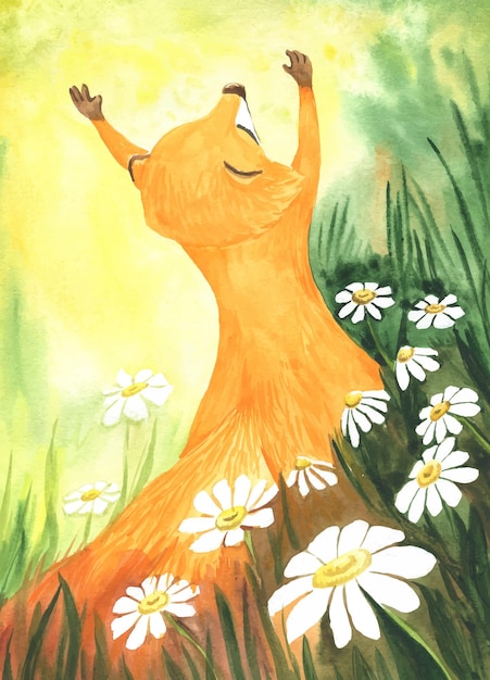 Watercolor illustration of a fox in a chamomile field against the backdrop of dawn