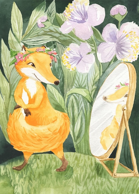 Watercolor illustration of a fox near the mirror