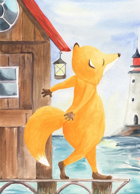 Watercolor illustration of a fox on the sea with a lighthouse in the background