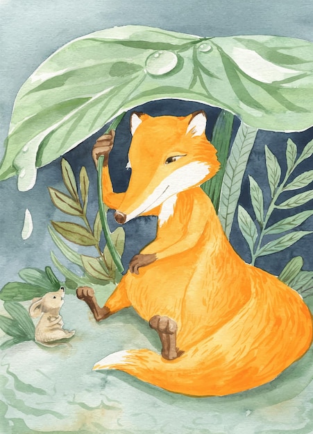 Vector watercolor illustration of a fox sitting under a burdock leaf in the rain