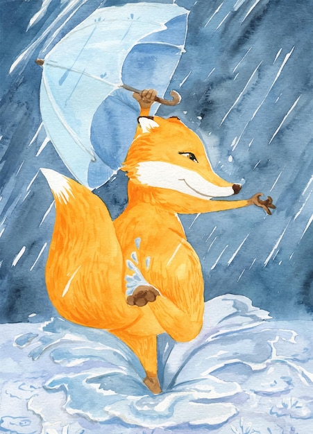 Watercolor illustration of a fox under an umbrella in the rain