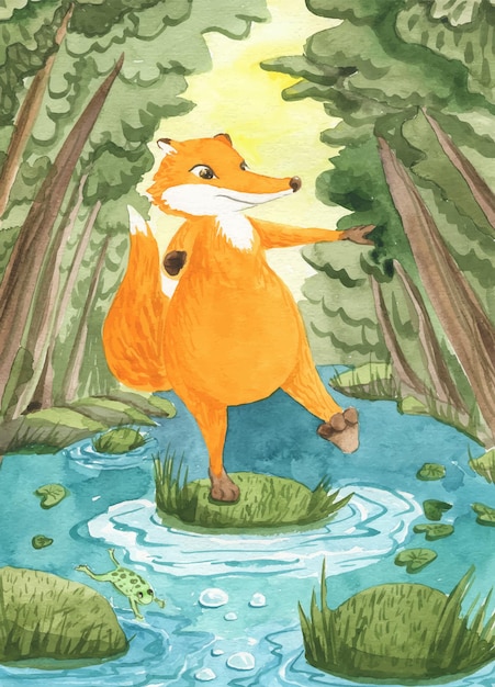 Watercolor illustration of a fox walking in a swamp