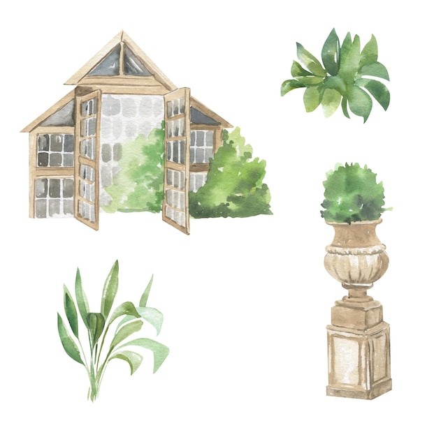 Watercolor illustration garden greenhouse, greenery bush, marble column with greenery bush