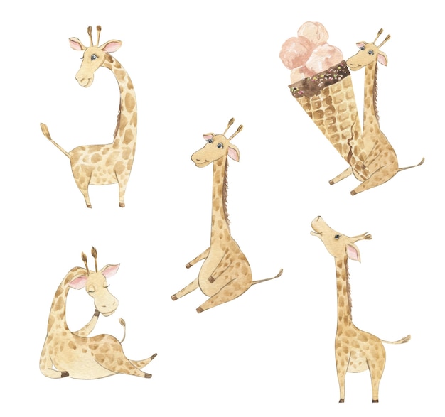 Vector watercolor illustration of a giraffe in different poses with ice cream in their hands