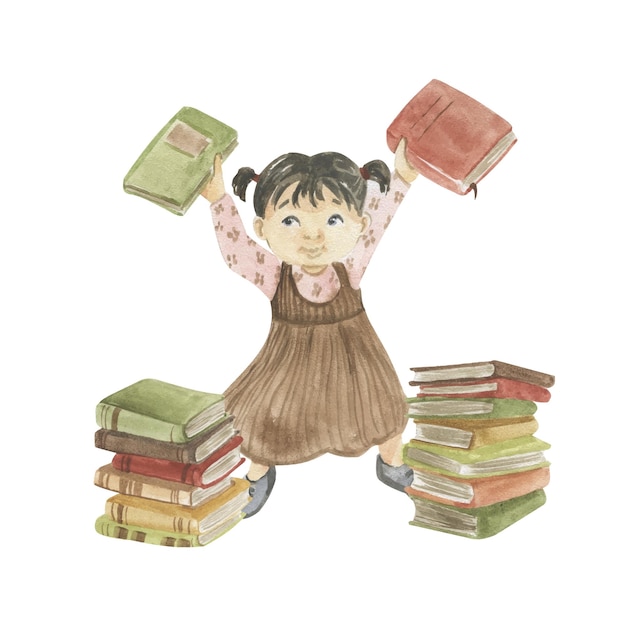 Watercolor illustration of a girl with books in her hands near a stack of books