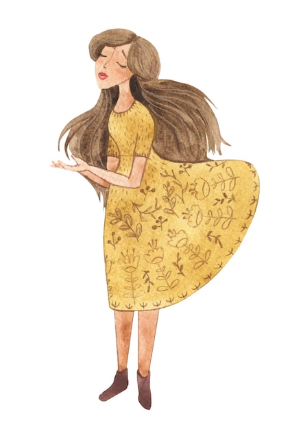 Watercolor illustration of a girl in a yellow dress
