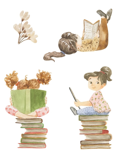 Watercolor illustration of girls with books