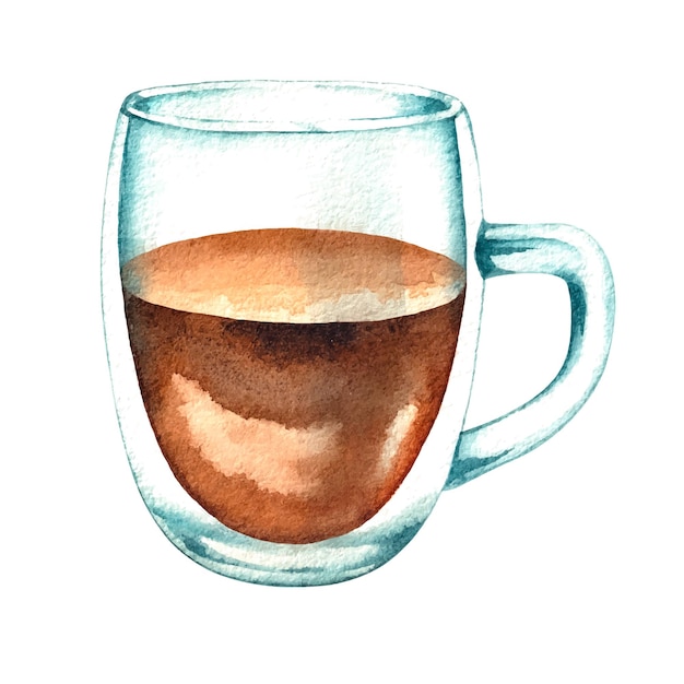 Акварельная иллюстрация стеклянной кружки с чаем на белом фоне