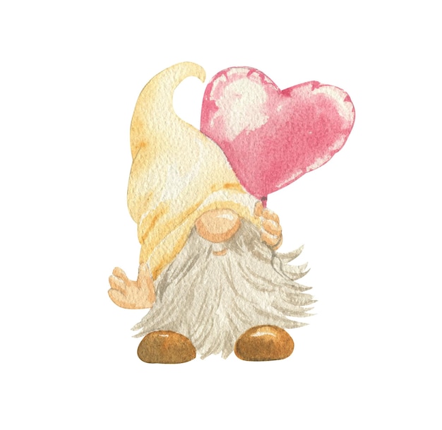 Watercolor illustration of a gnome with a heart-shaped balloon in his hand