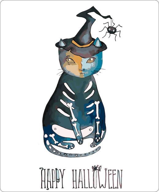 ハロウィーンの水彩イラスト。ウィッチハットと骸骨の着ぐるみをまとった魔法猫。