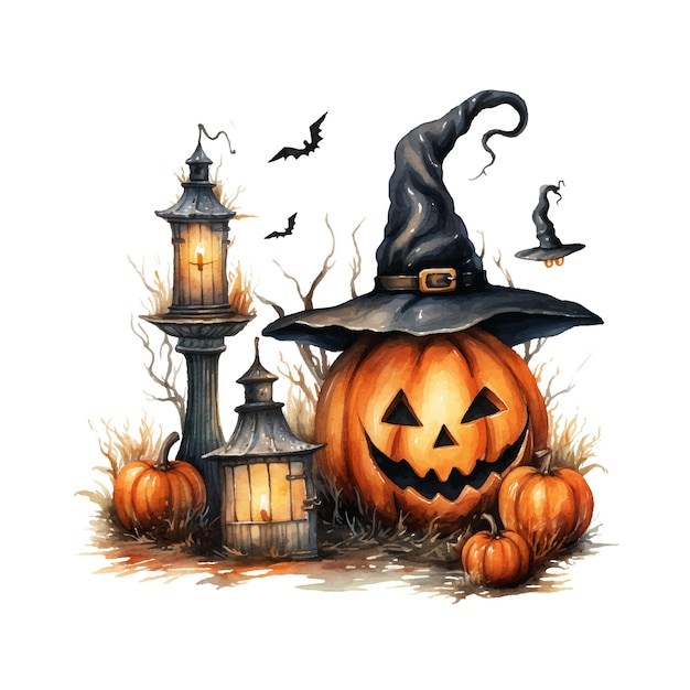 Watercolor illustration halloween spooky pumpkin