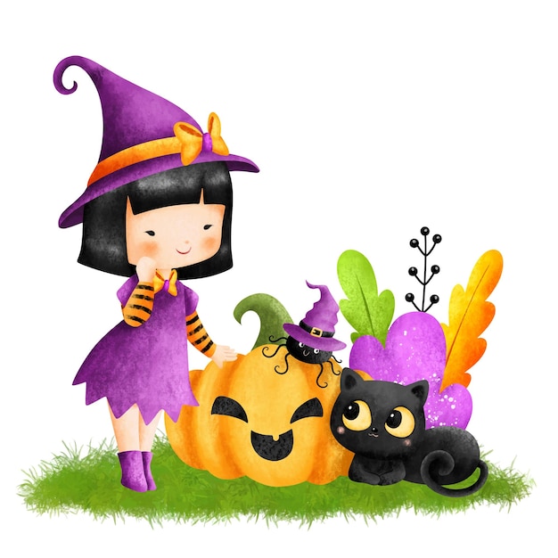 Watercolor Illustration Halloween Witch with pumpkin and Black cat