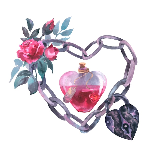 Vector watercolor illustration hand drawn grey heart shaped chain with flowers, lock and elixir in heart.