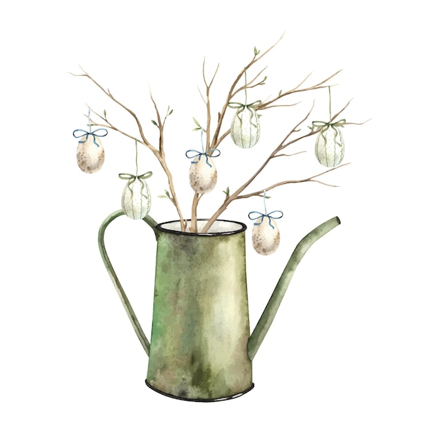 Watercolor illustration of Happy Easter with eggs plants garden watering can twigs Drawn by hand