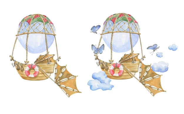 Акварельная иллюстрация воздушного шара с лодкой