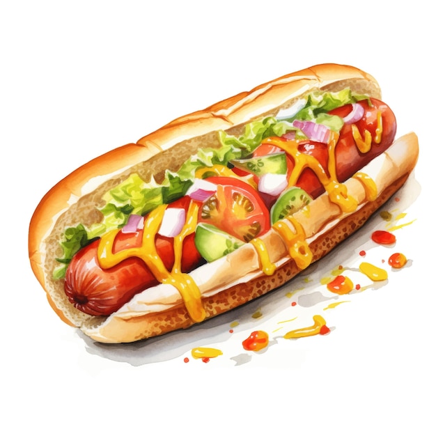 Watercolor illustration of hot dog with tomato onion and lettuce