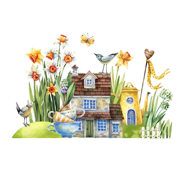 Watercolor illustration of a house with a garden and a bird