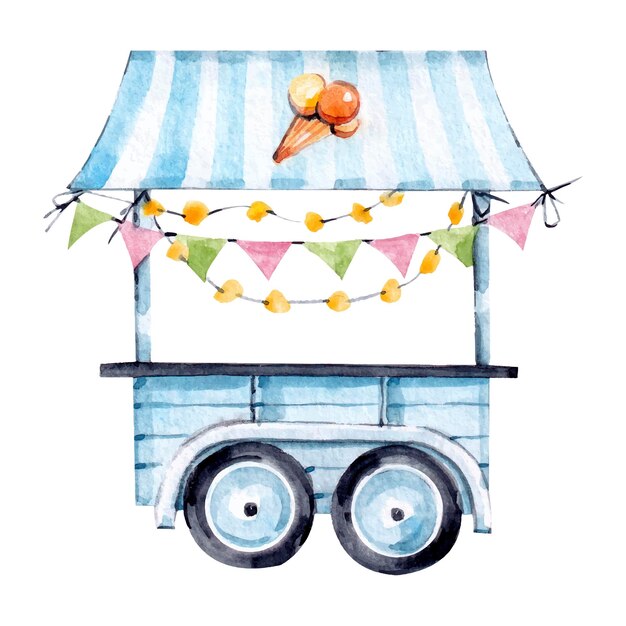 Watercolor illustration of ice cream kiosk