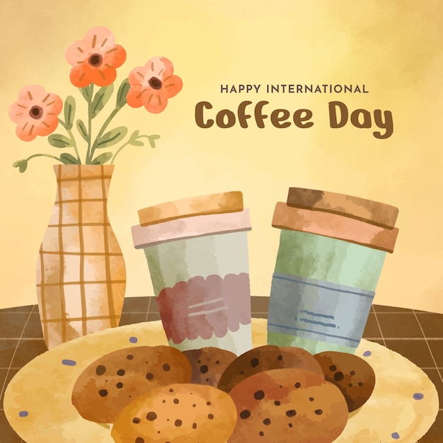 Vector watercolor illustration for international coffee day celebration