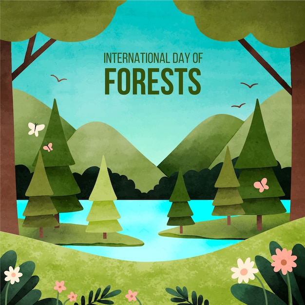 Vector watercolor illustration for international forest day celebration