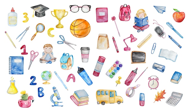 Watercolor illustration isolated school supplies