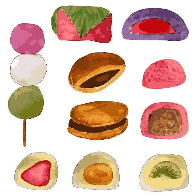 Illustrazione ad acquerello di dolci giapponesi mochi dorayaki daifuku mochi dango acquerello japa