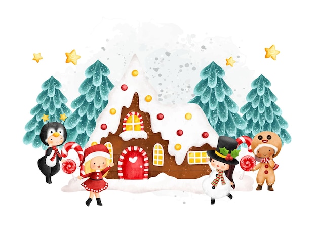 水彩イラスト クリスマスの衣装とジンジャーブレッドの家を持つ子供たち