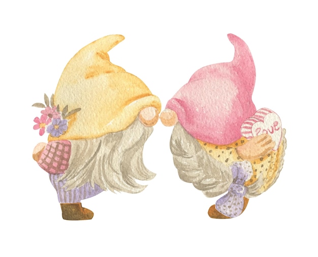 Watercolor illustration of kissing gnomes with gifts in their hands behind their backs