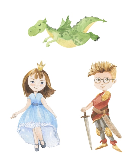 Watercolor illustration of knight and princess dragon