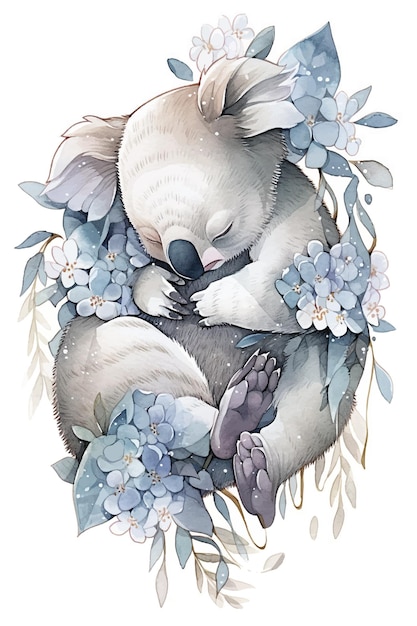 A watercolor illustration of a koala bear sleeping in a blue hydrangea flowers.