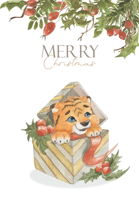 Watercolor illustration of a little tiger cub in a holiday box