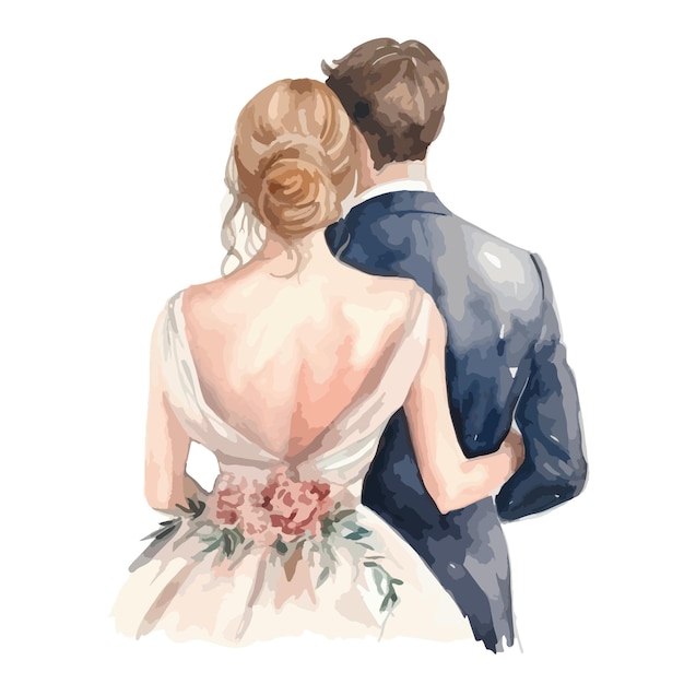 Watercolor illustration of a loving couple of newlyweds bride and groom