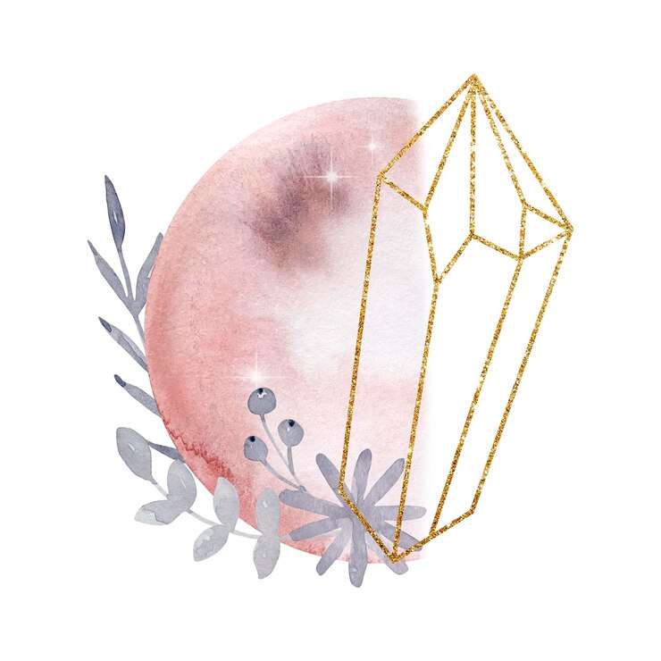 Vector watercolor illustration. magical abstract composition. moon and gem stones and flowers. magic illustration isolated on white background.