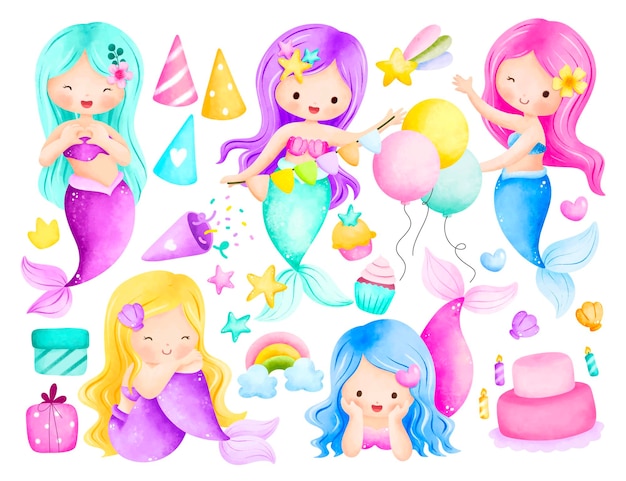 Illustrazione ad acquerello sirena ed elementi di compleanno