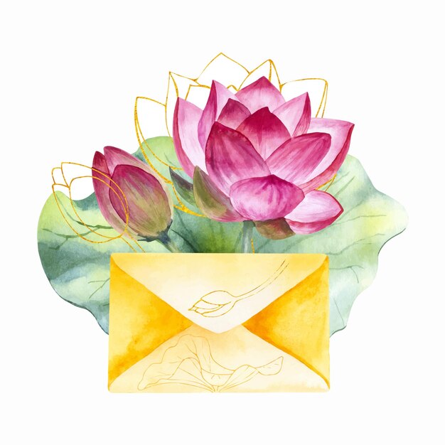 Watercolor illustration of message with pink lotuses isolated on a white background.