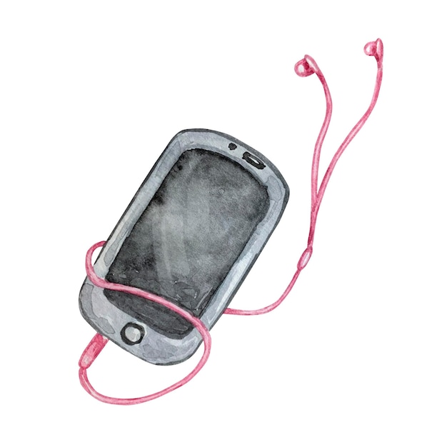 Акварельная иллюстрация мобильного телефона с наушниками