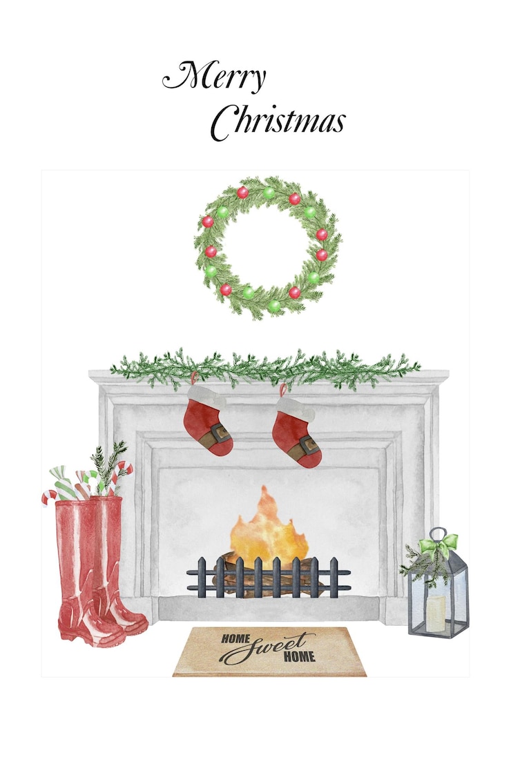 Vector watercolor illustration of modern fireplace with christmas decor,  tree candle balls gifts wreath