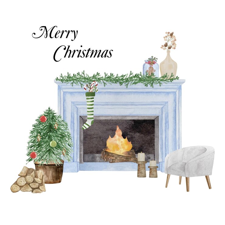 Vector watercolor illustration of modern  fireplace with christmas decor tree candle wreath
