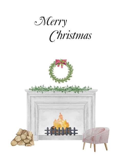 Watercolor illustration of modern  fireplace with christmas decor tree candle wreath