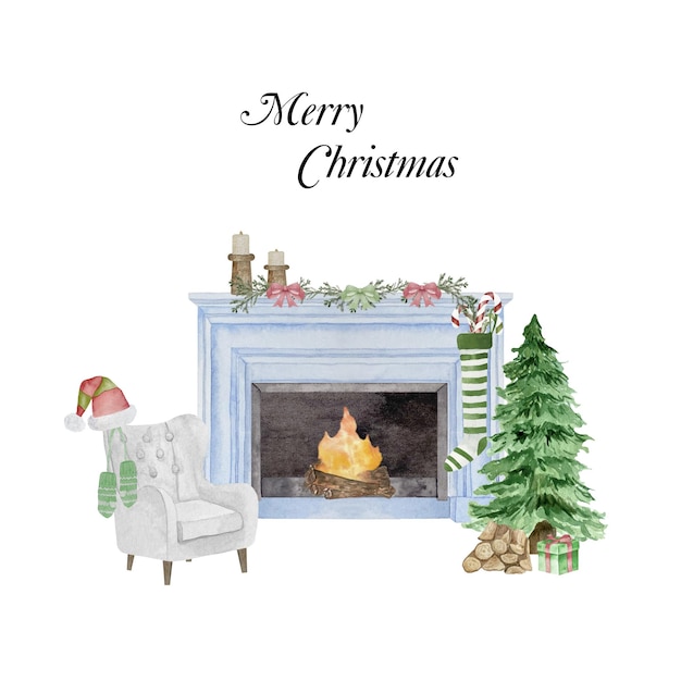 Watercolor illustration of modern  fireplace with christmas decor tree candle wreath