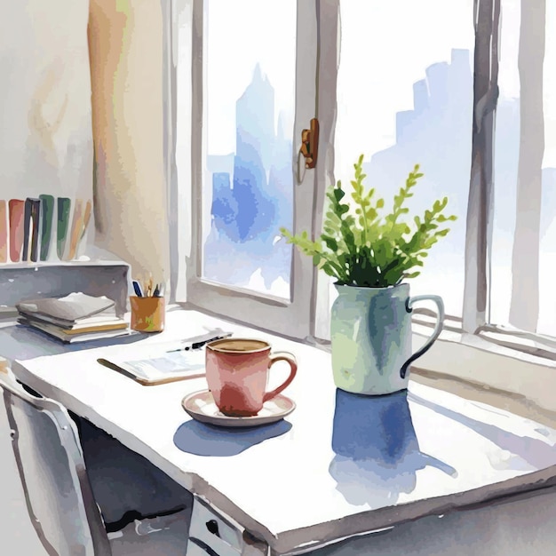 watercolor illustration of a morning office room